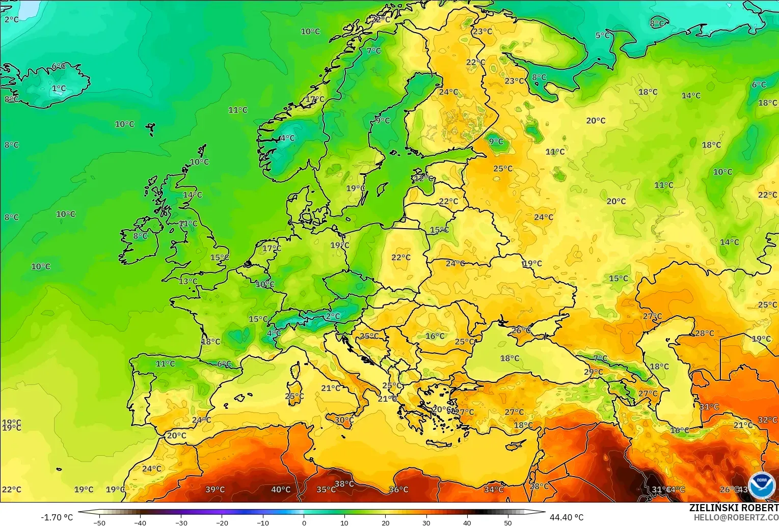 GFS modelo - Europa, Temperatura a 2 m