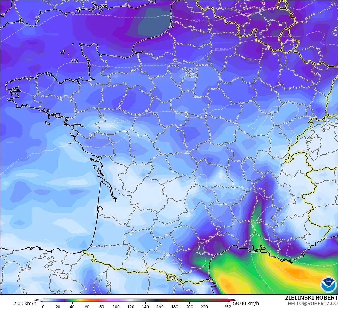 GFS modelo - Francia, Ráfagas de viento