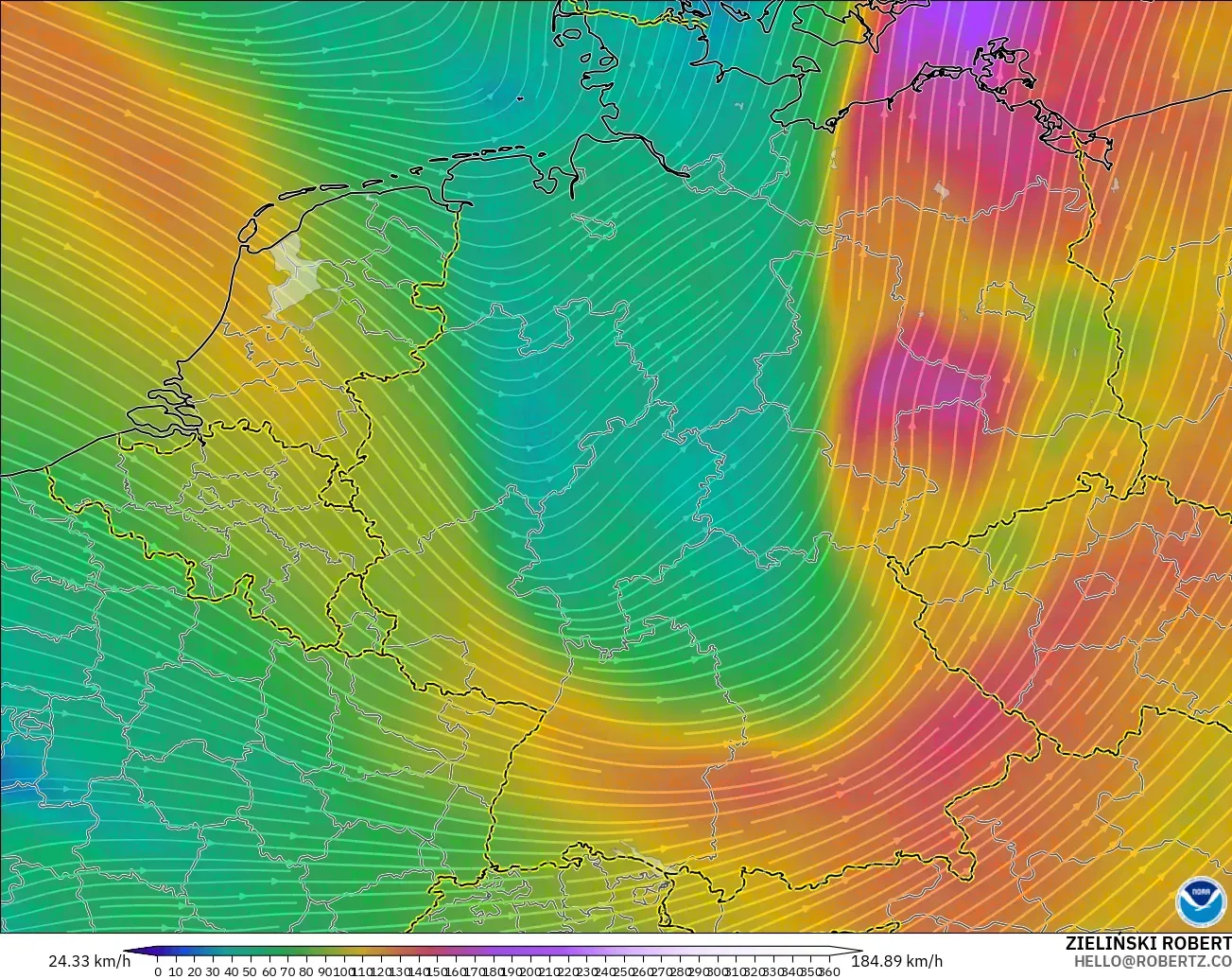 GFS modelo - Alemania, Viento a 300 hPa (corriente en chorro)