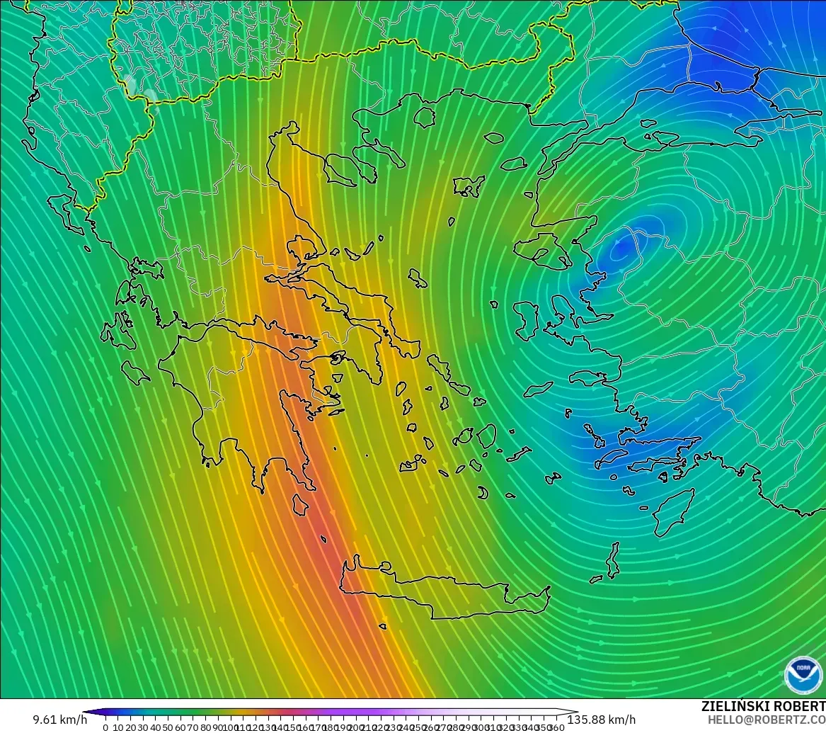 GFS modelo - Grecia, Viento a 300 hPa (corriente en chorro)