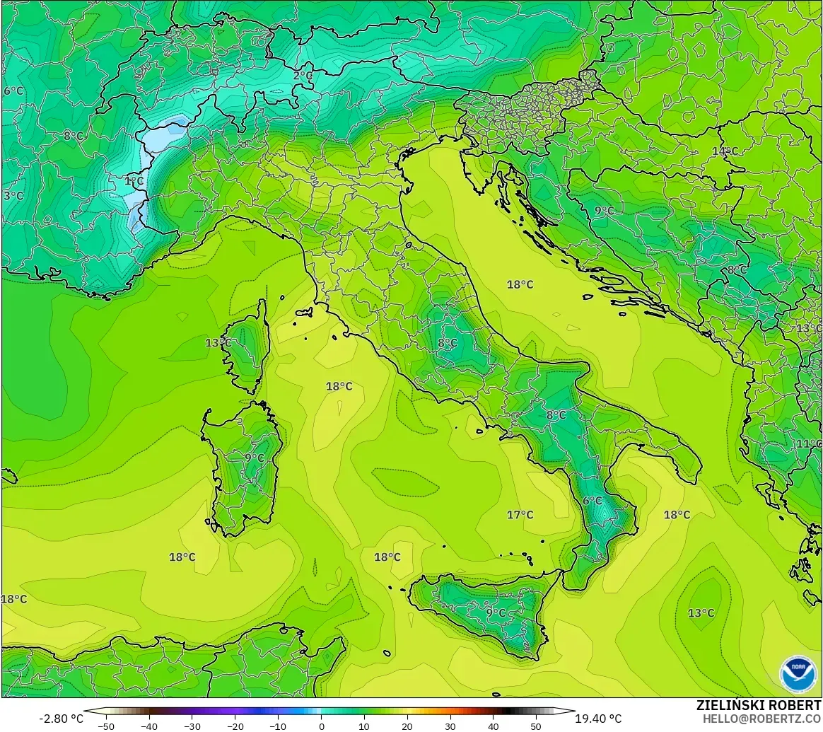 GFS modelo - Italia, Punto de rocío a 2 m