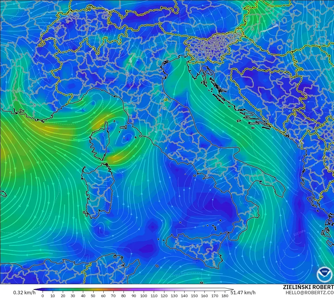 GFS modelo - Italia, Viento a 10 m