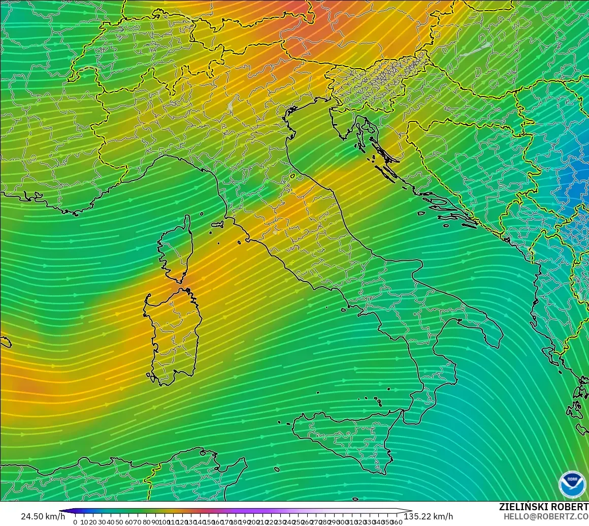 GFS modelo - Italia, Viento a 300 hPa (corriente en chorro)