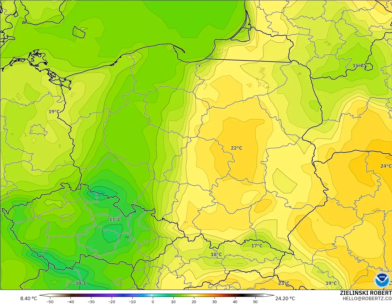 GFS modelo - Polonia, Temperatura a 2 m