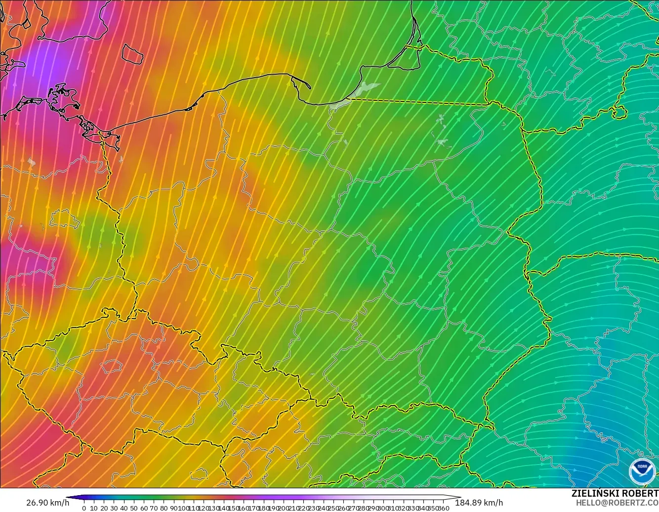 GFS modelo - Polonia, Viento a 300 hPa (corriente en chorro)