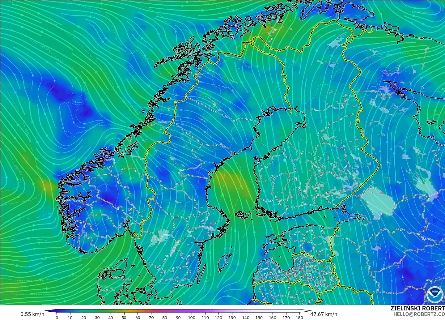 GFS modelo - Escandinavia, Viento a 10 m