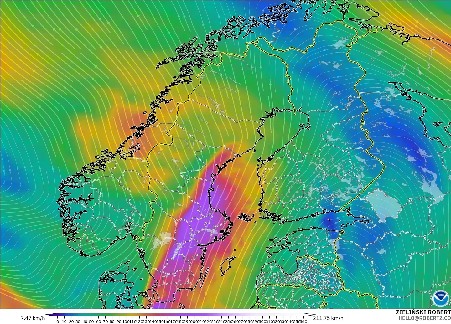 GFS modelo - Escandinavia, Viento a 300 hPa (corriente en chorro)