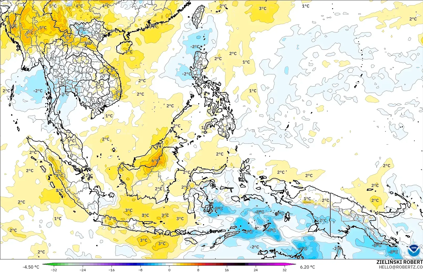 GFS modelo - Sudeste Asiático, Anomalía de temperatura a 850 hPa
