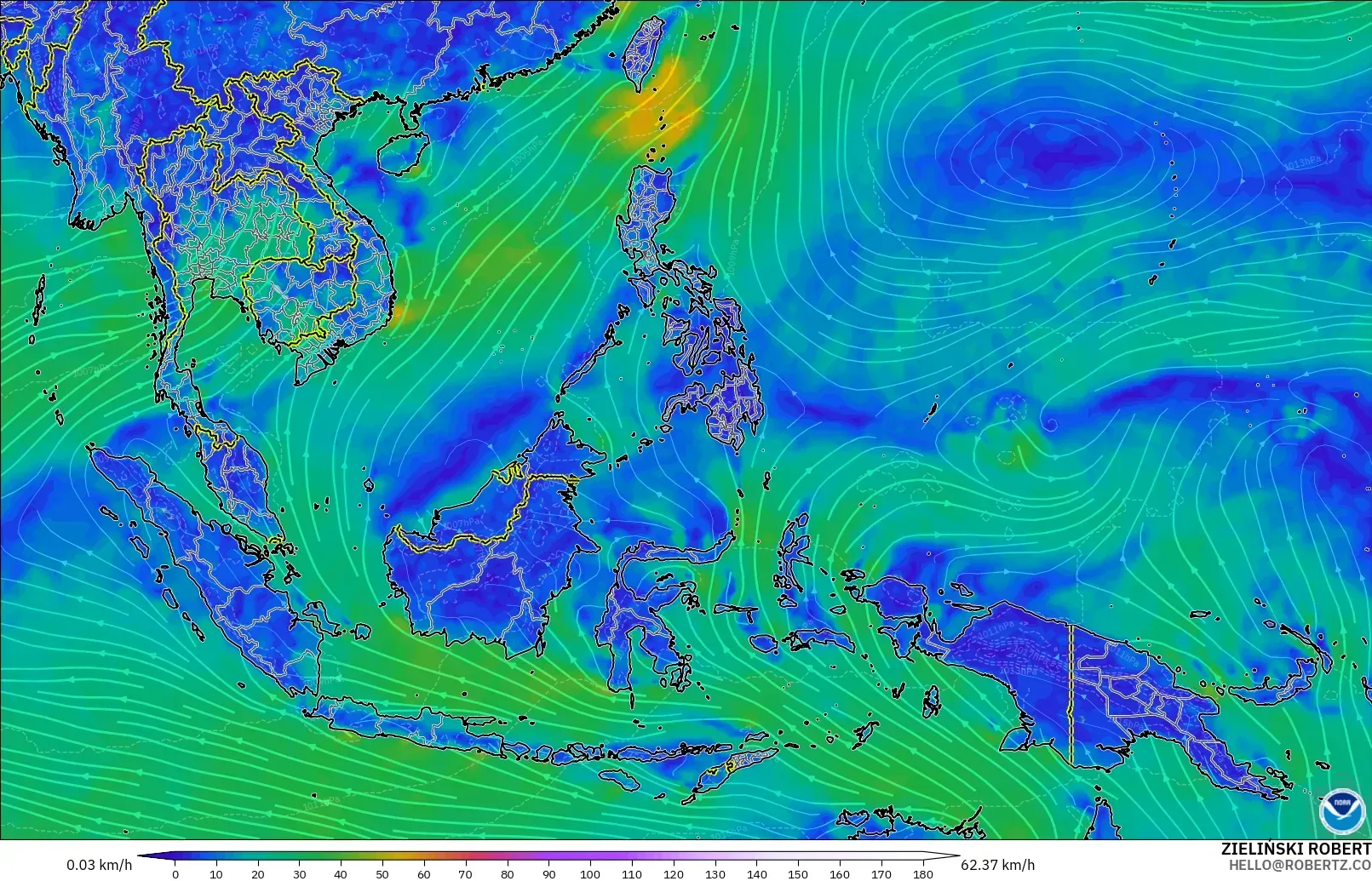 GFS modelo - Sudeste Asiático, Viento a 10 m