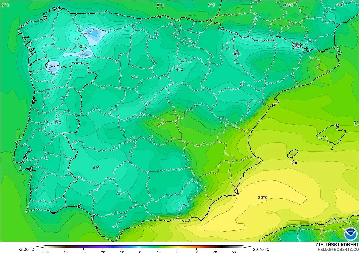 GFS modelo - España, Punto de rocío a 2 m