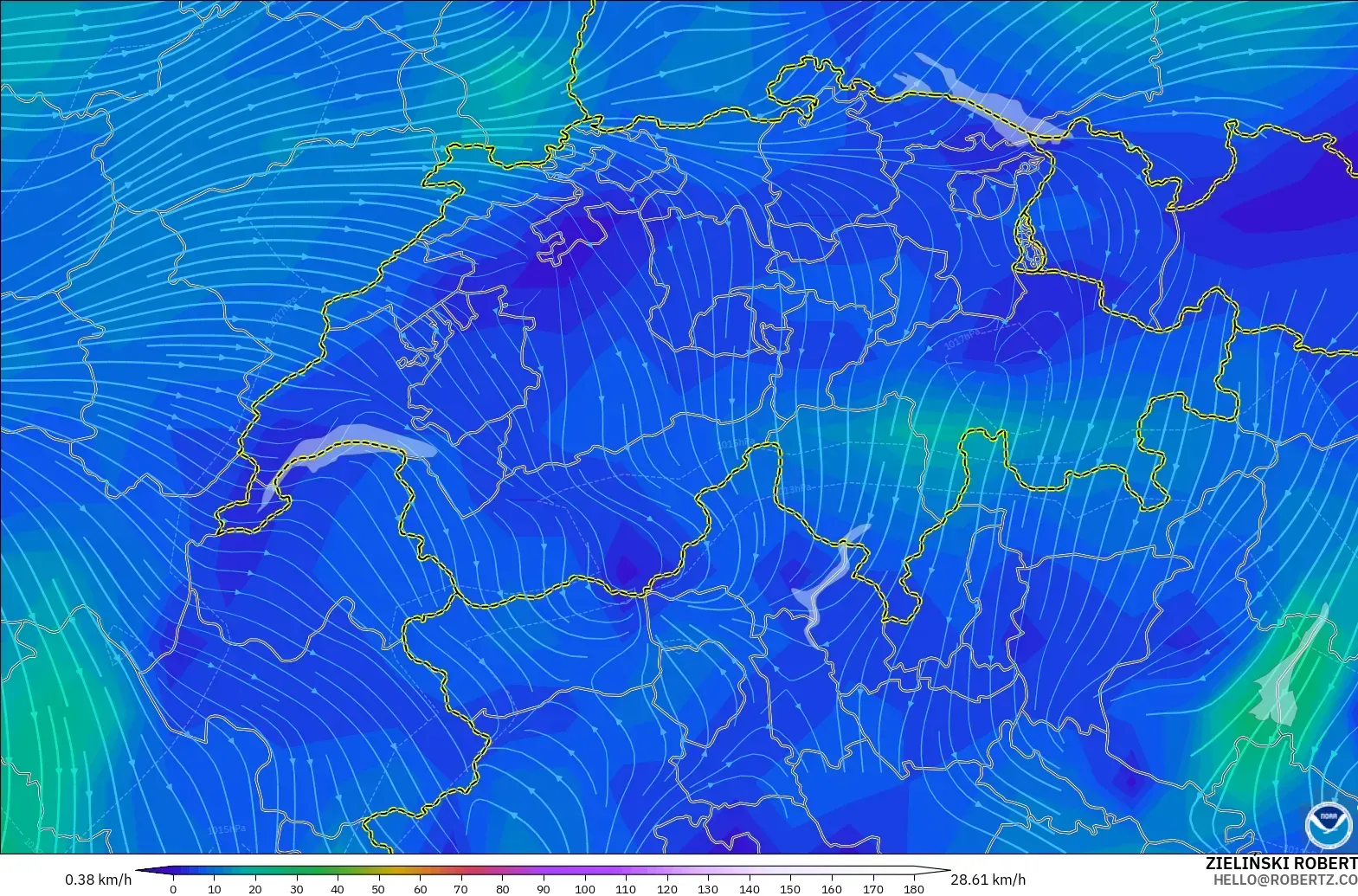 GFS modelo - Suiza, Viento a 10 m