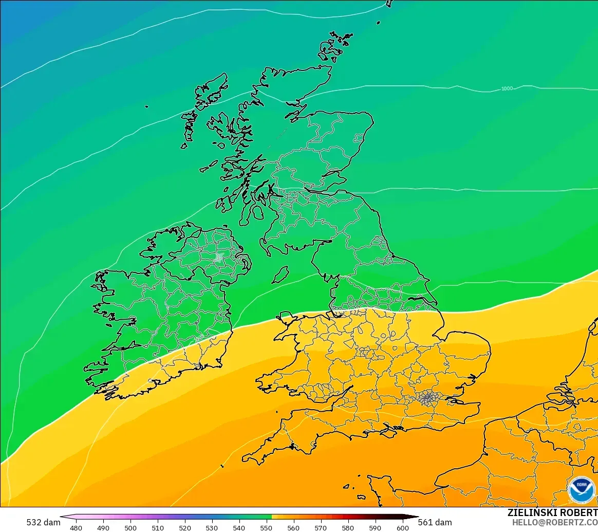 GFS modelo - Reino Unido, Altura geopotencial a 500 hPa