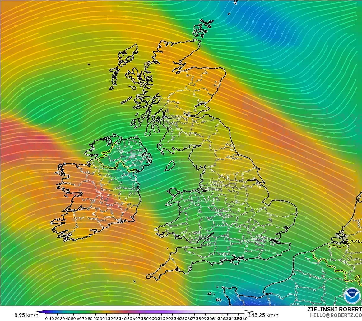 GFS modelo - Reino Unido, Viento a 300 hPa (corriente en chorro)