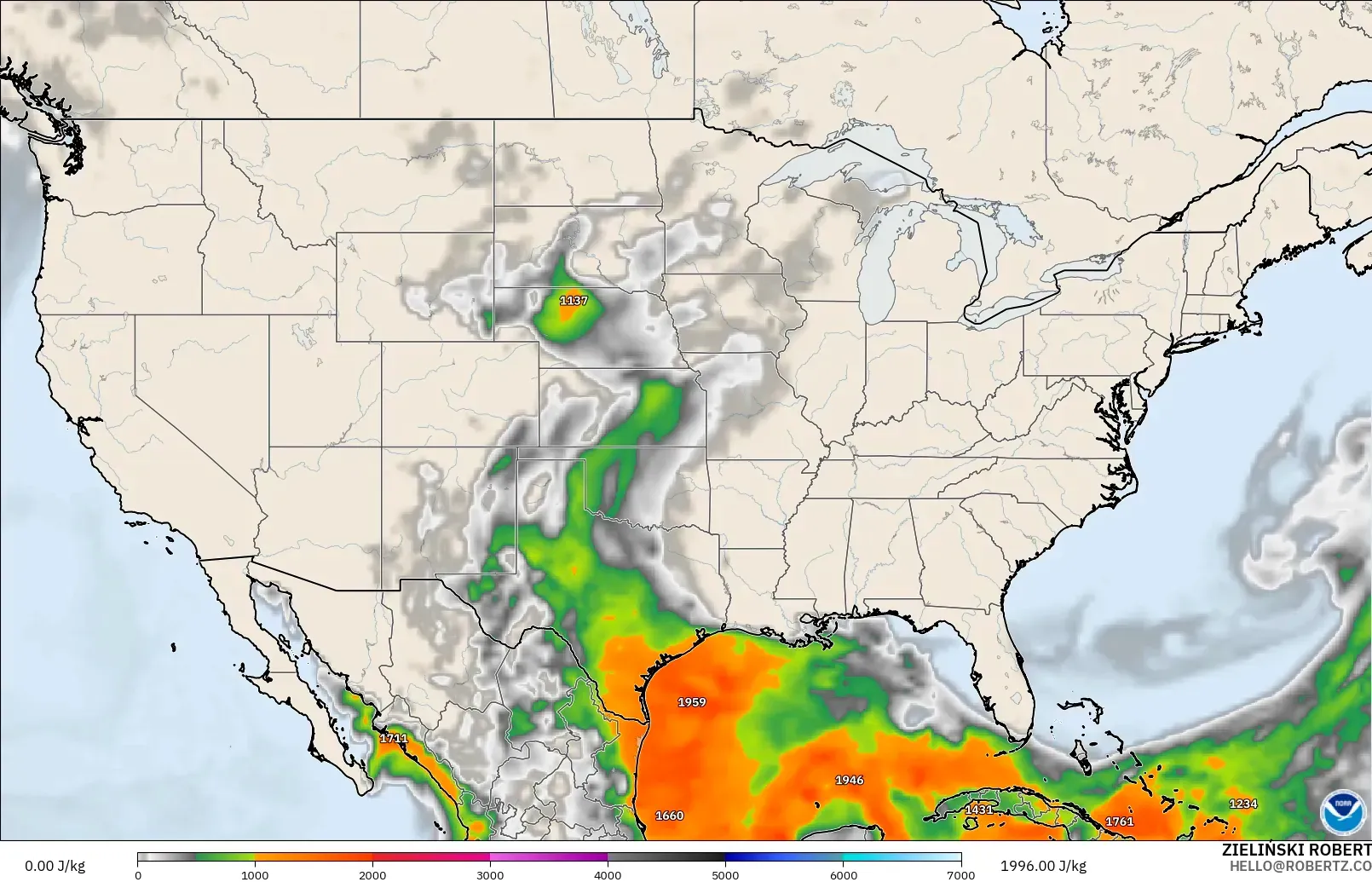 GFS modelo - Estados Unidos, CAPE