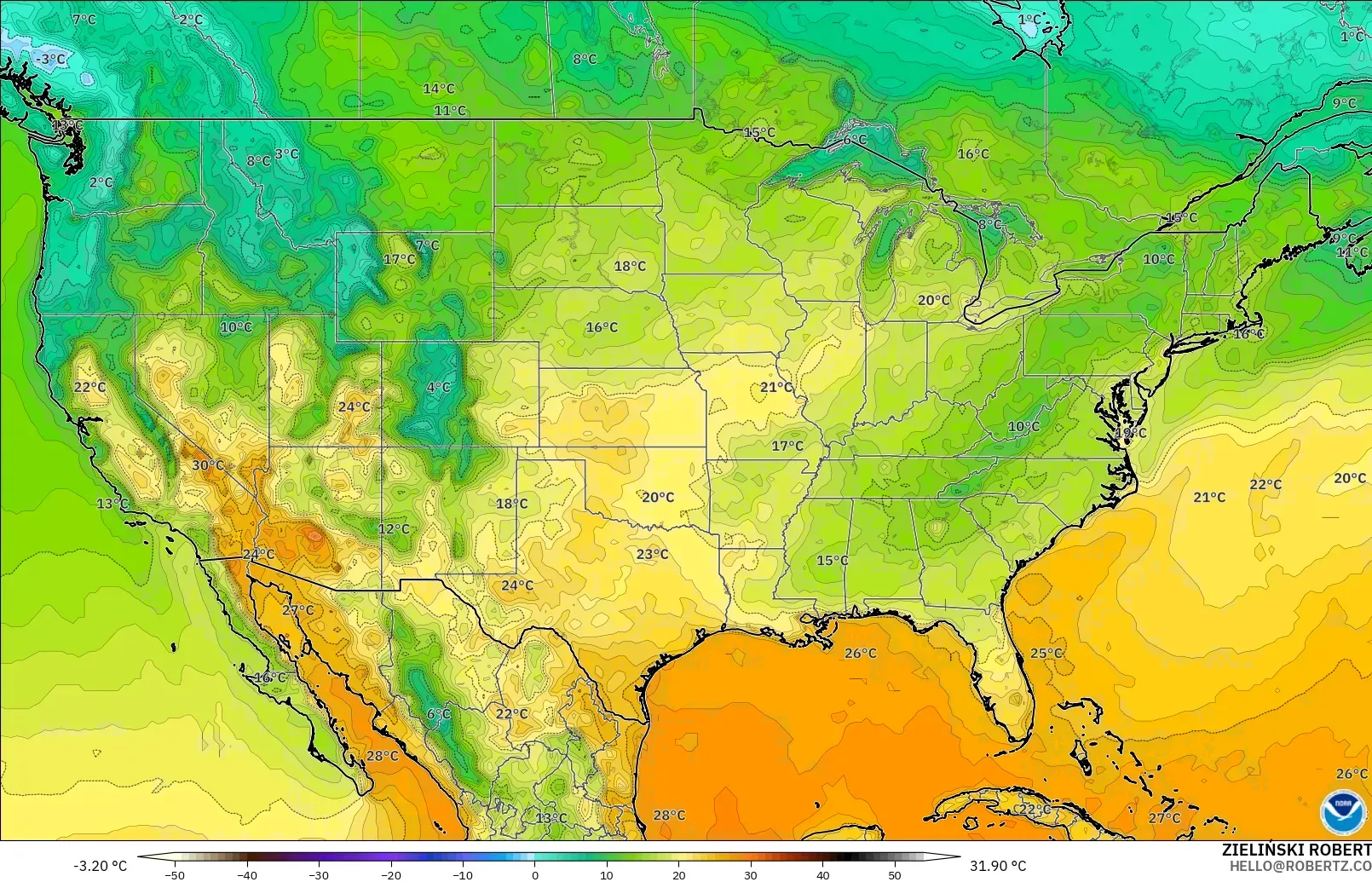 GFS modelo - Estados Unidos, Temperatura a 2 m