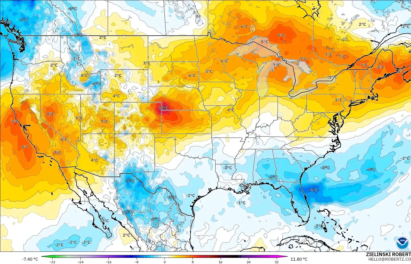 GFS modelo - Estados Unidos, Anomalía de temperatura a 850 hPa