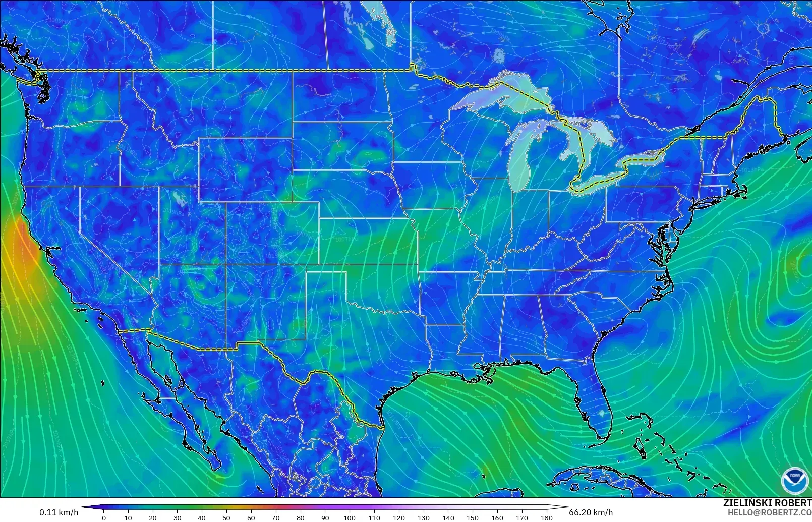 GFS modelo - Estados Unidos, Viento a 10 m