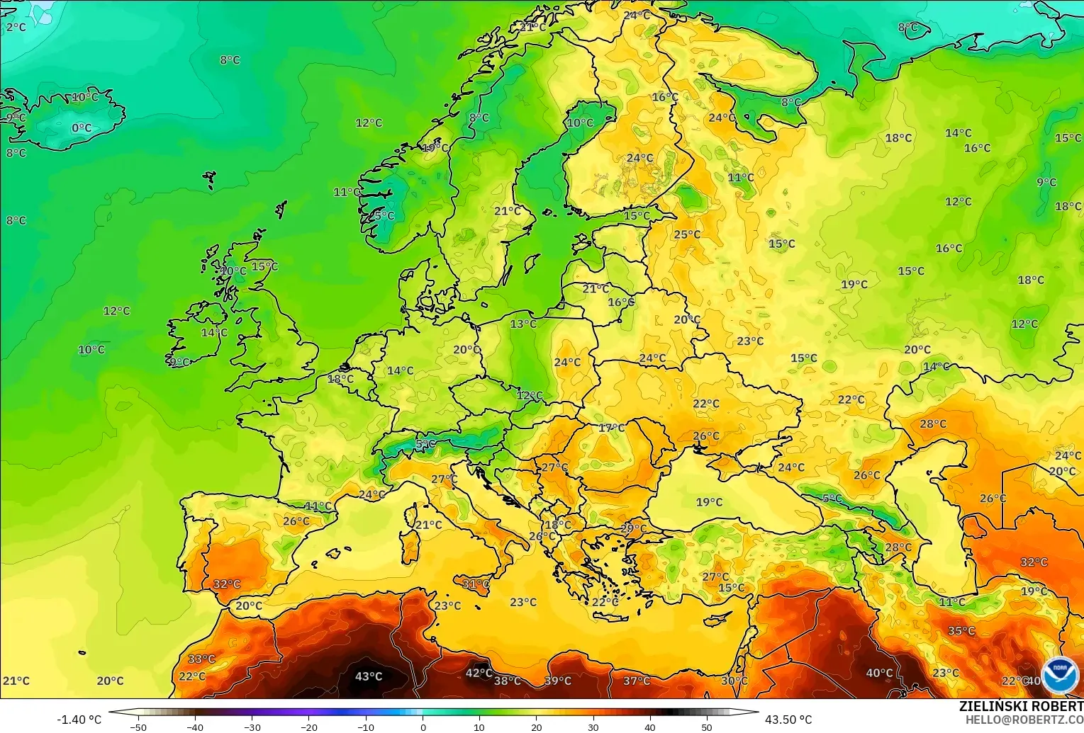 GFS modelo - Europa, Temperatura a 2 m