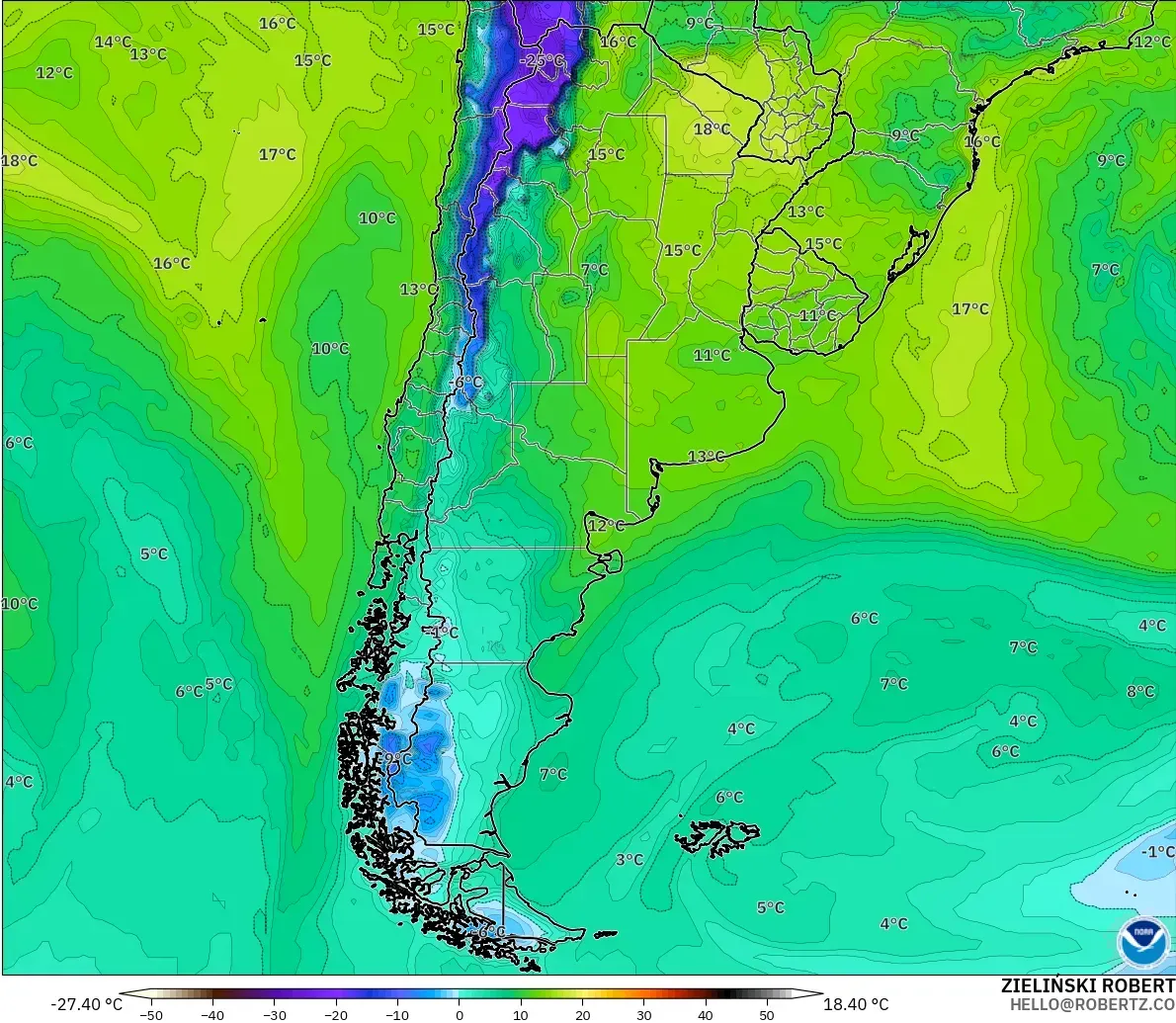 GFS modelo - Argentina, Punto de rocío a 2 m