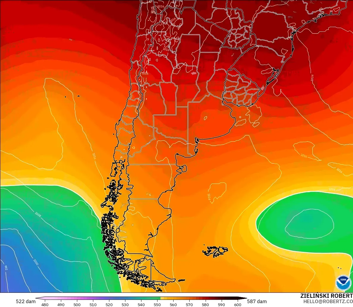 GFS modelo - Argentina, Altura geopotencial a 500 hPa
