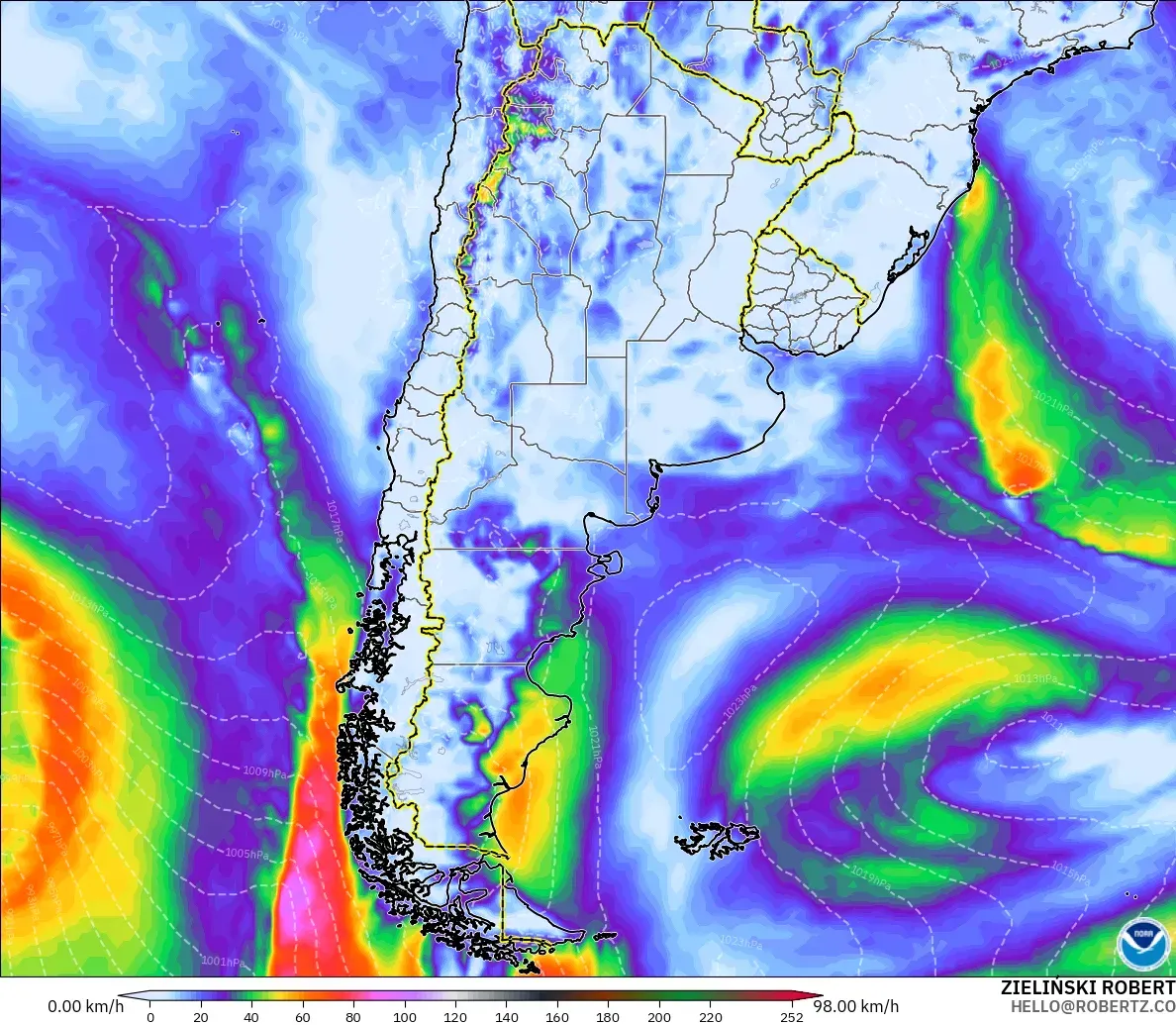 GFS modelo - Argentina, Ráfagas de Viento Máximas