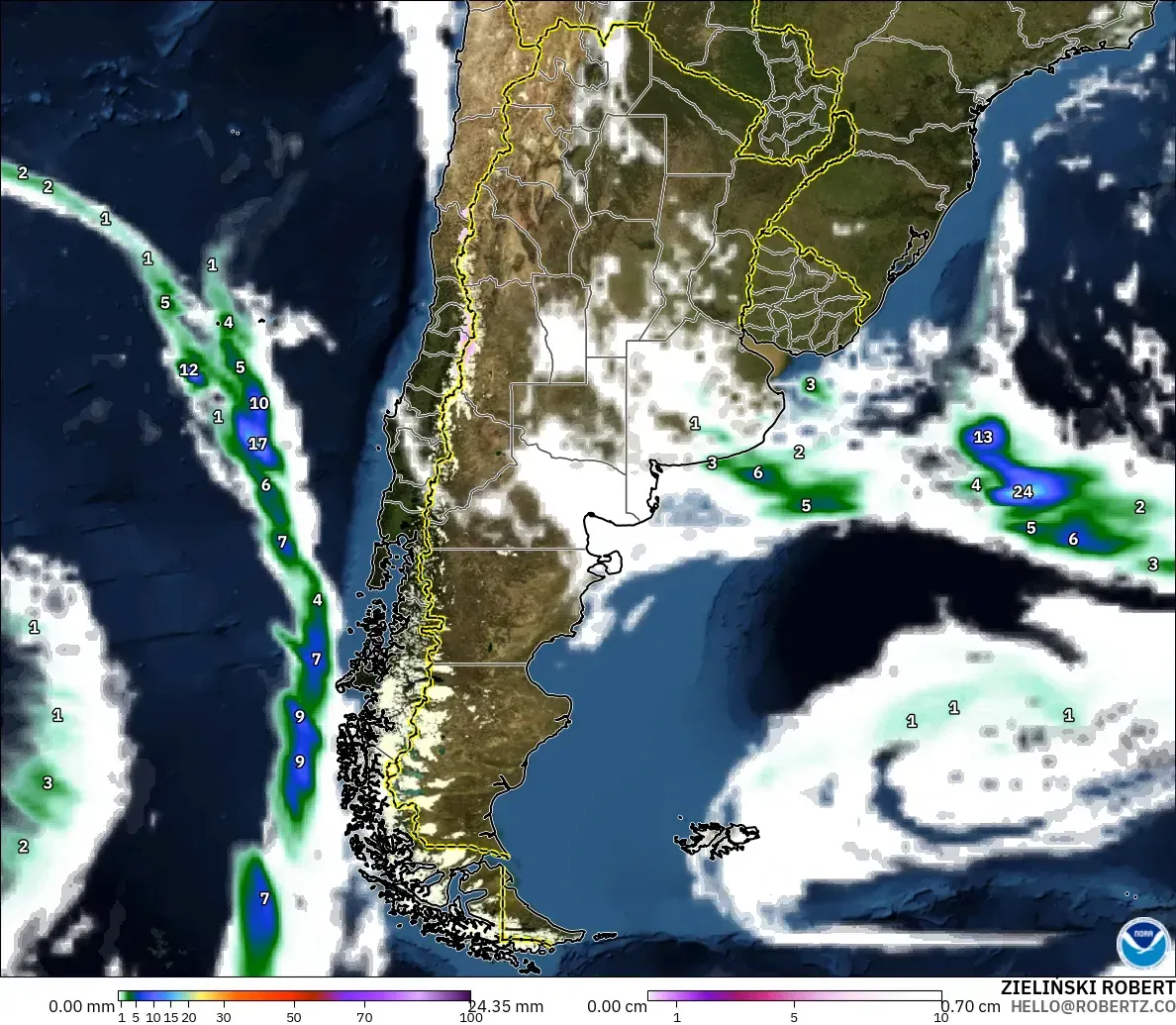 GFS modelo - Argentina, Precipitación, nubes y presión