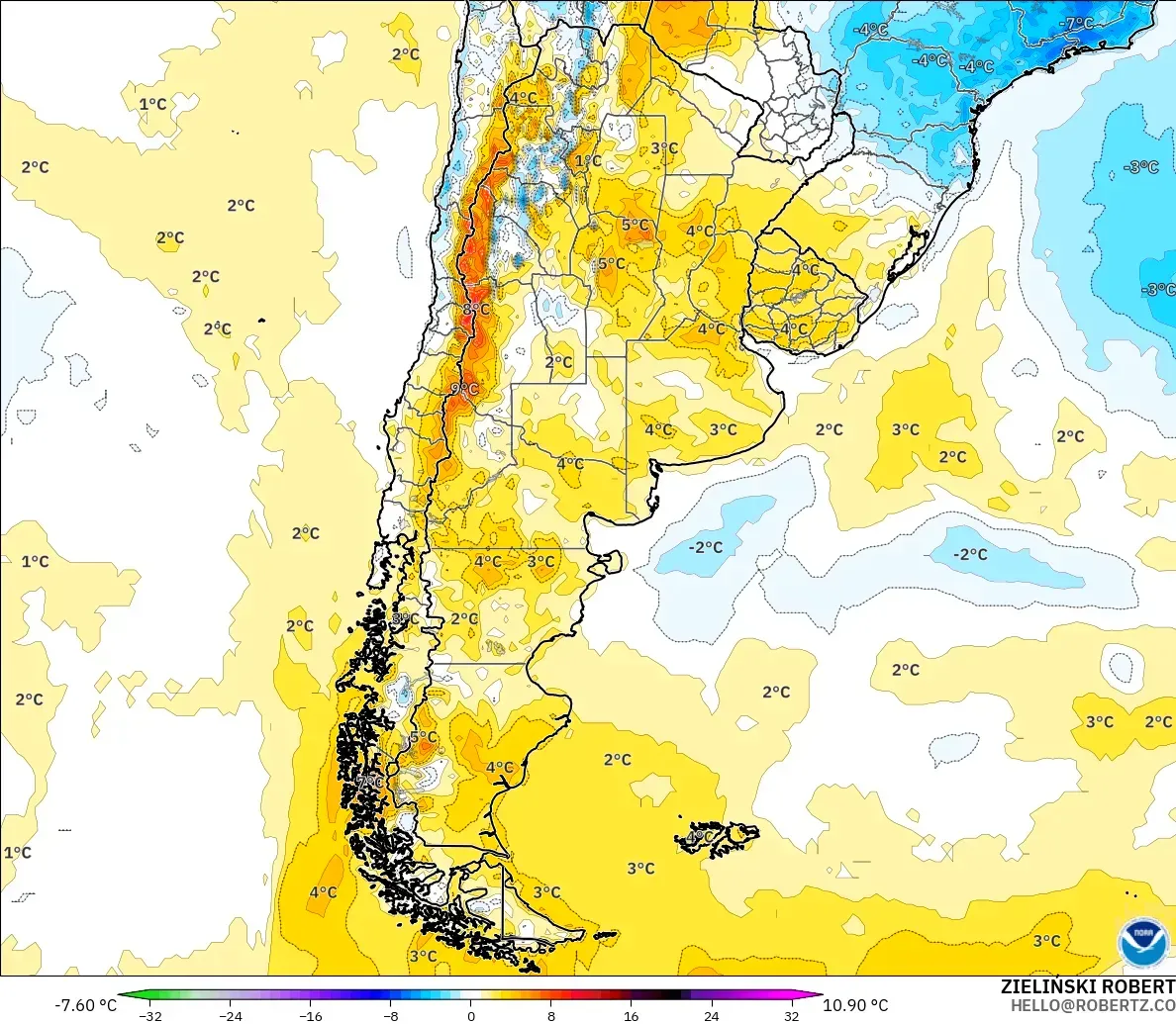 GFS modelo - Argentina, Anomalía de temperatura a 2 m