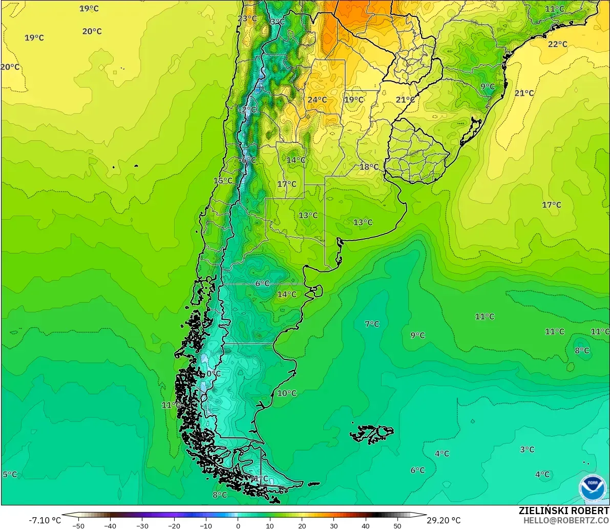 GFS modelo - Argentina, Temperatura a 2 m