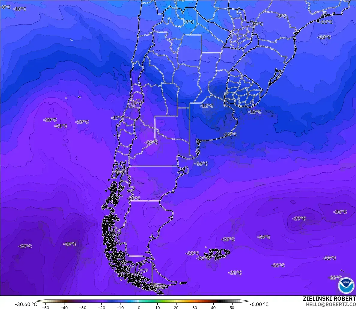 GFS modelo - Argentina, Temperatura a 500 hPa