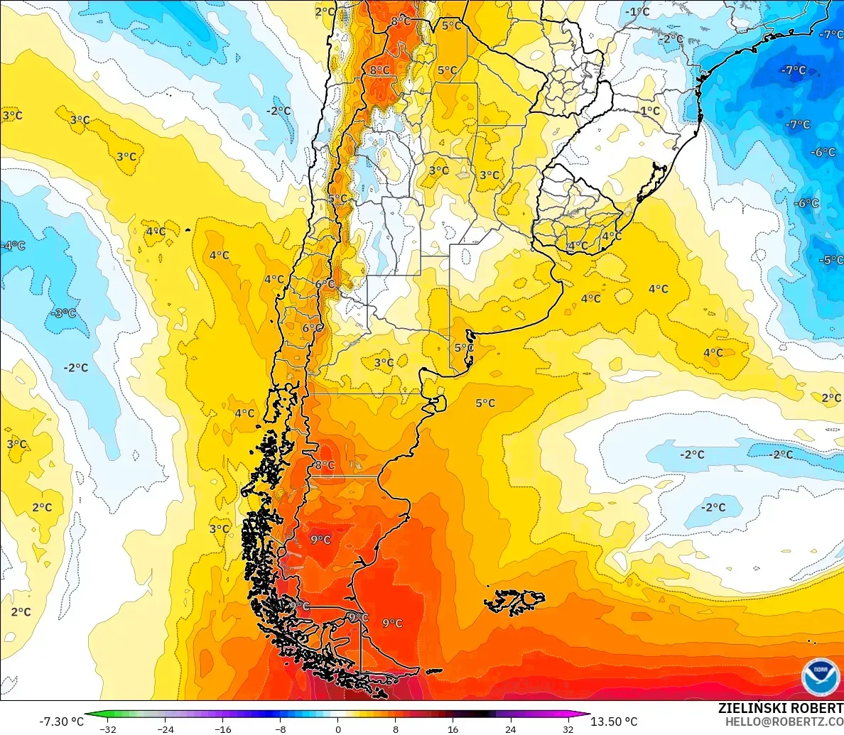 GFS modelo - Argentina, Anomalía de temperatura a 850 hPa
