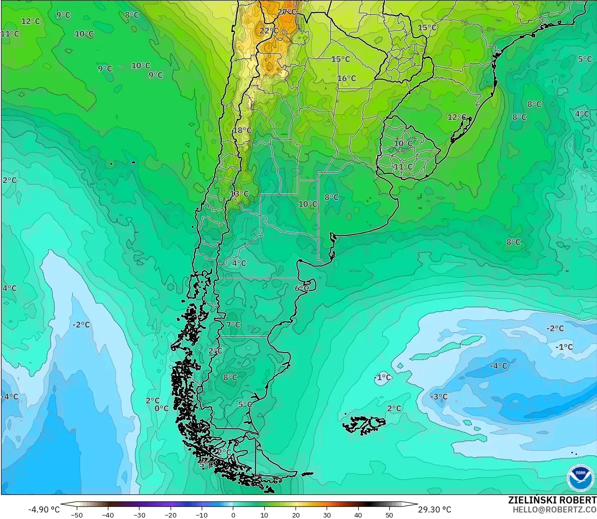 GFS modelo - Argentina, Temperatura a 850 hPa