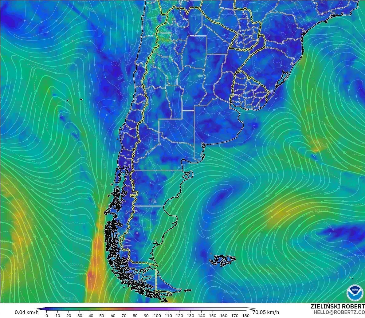 GFS modelo - Argentina, Viento a 10 m