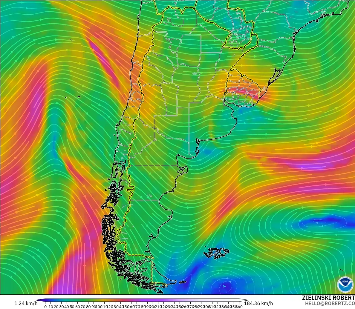 GFS modelo - Argentina, Viento a 300 hPa (corriente en chorro)