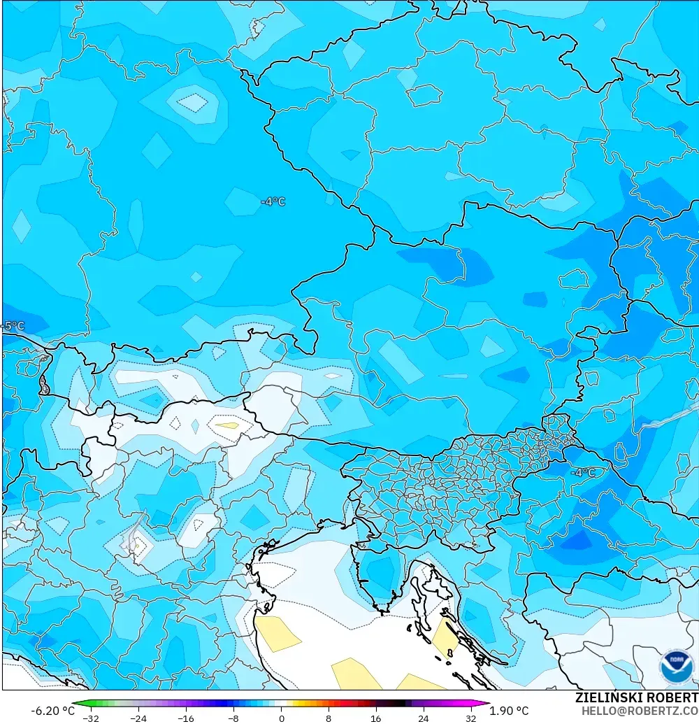 GFS modelo - Austria, Anomalía de temperatura a 2 m