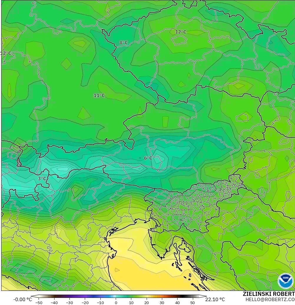 GFS modelo - Austria, Temperatura a 2 m