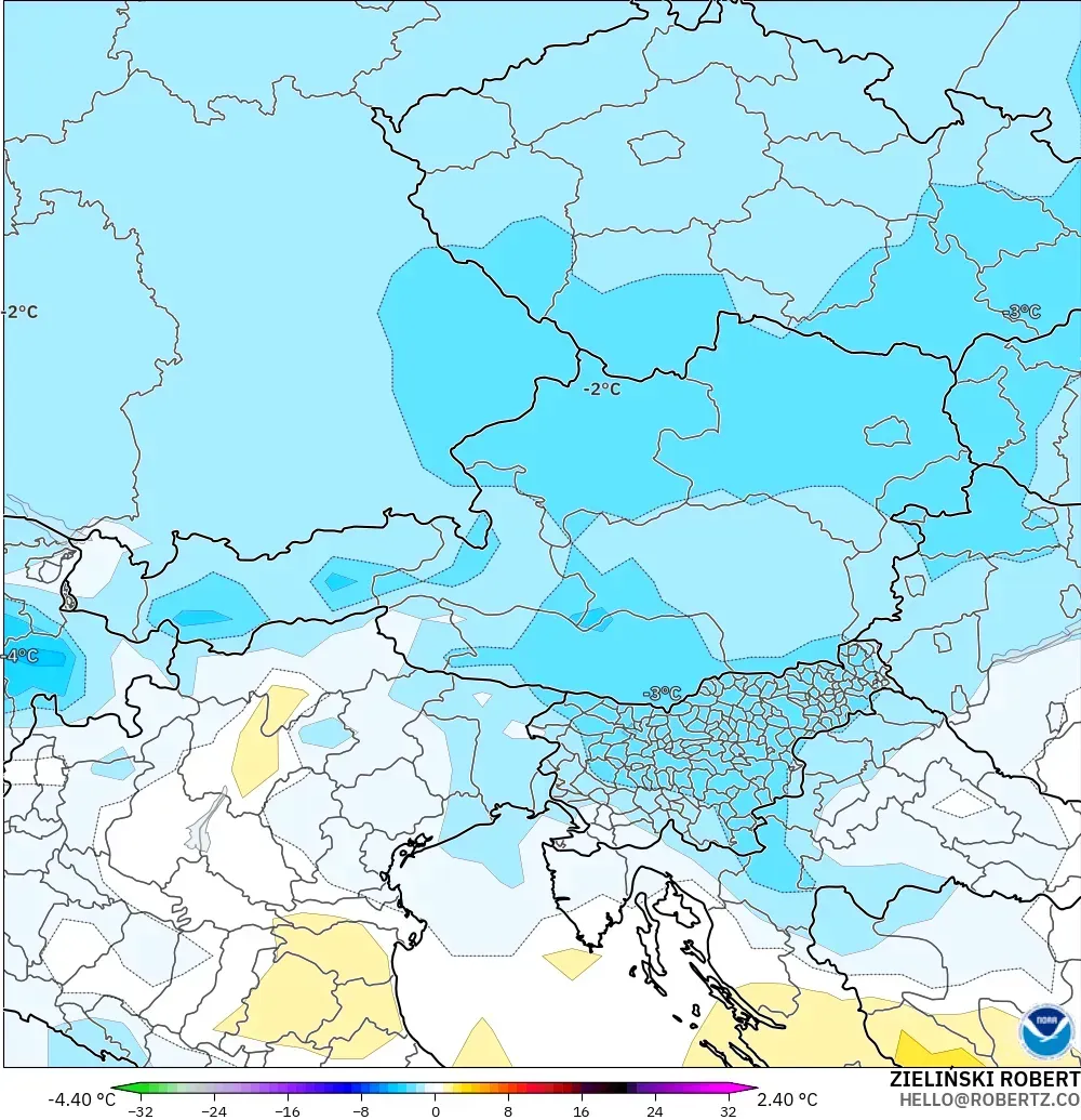GFS modelo - Austria, Anomalía de temperatura a 850 hPa