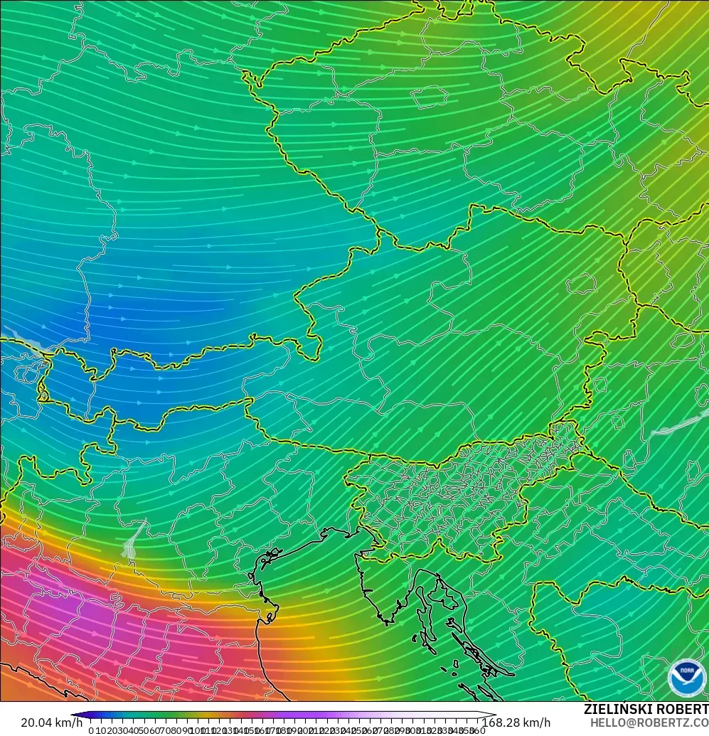 GFS modelo - Austria, Viento a 300 hPa (corriente en chorro)
