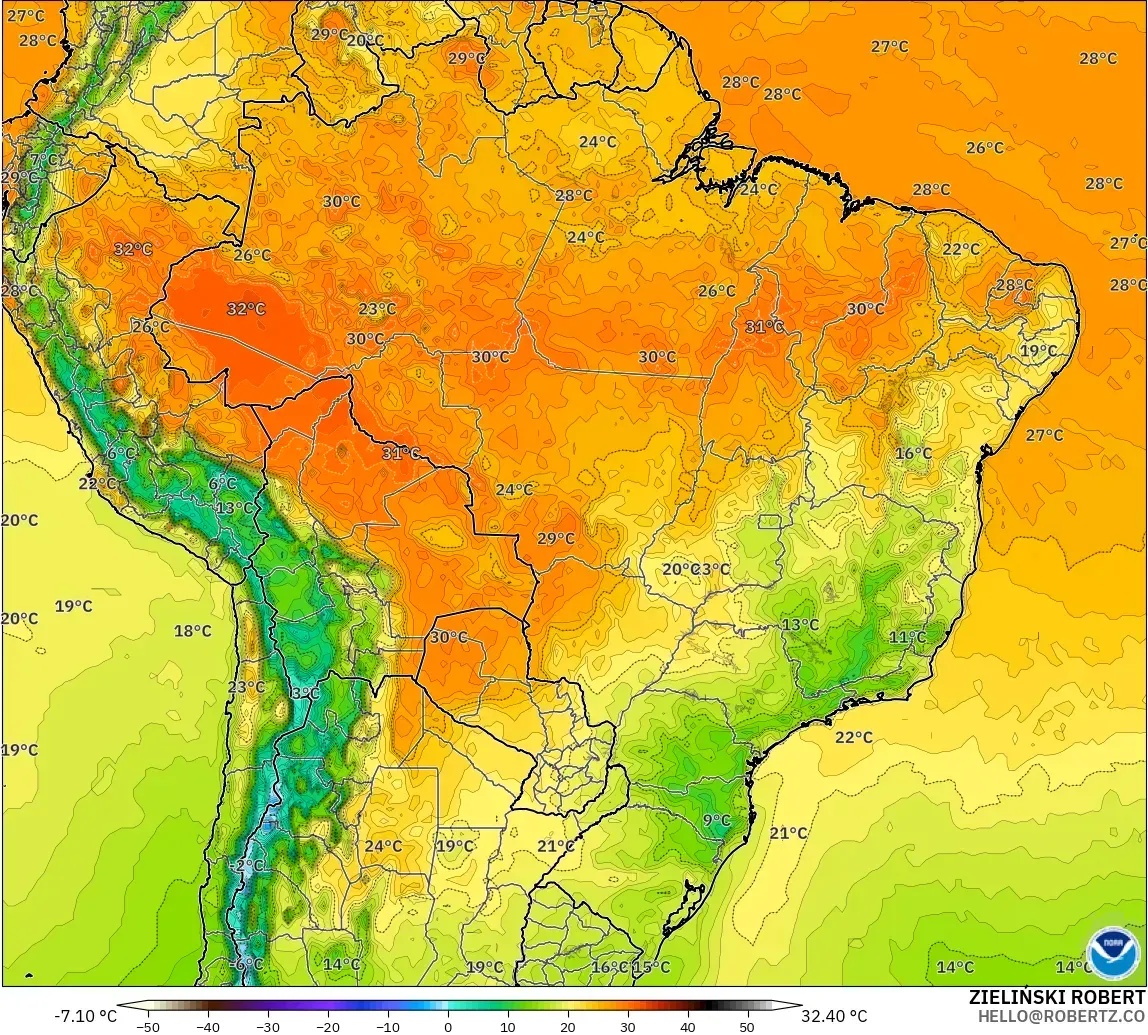 GFS modelo - Brasil, Temperatura a 2 m