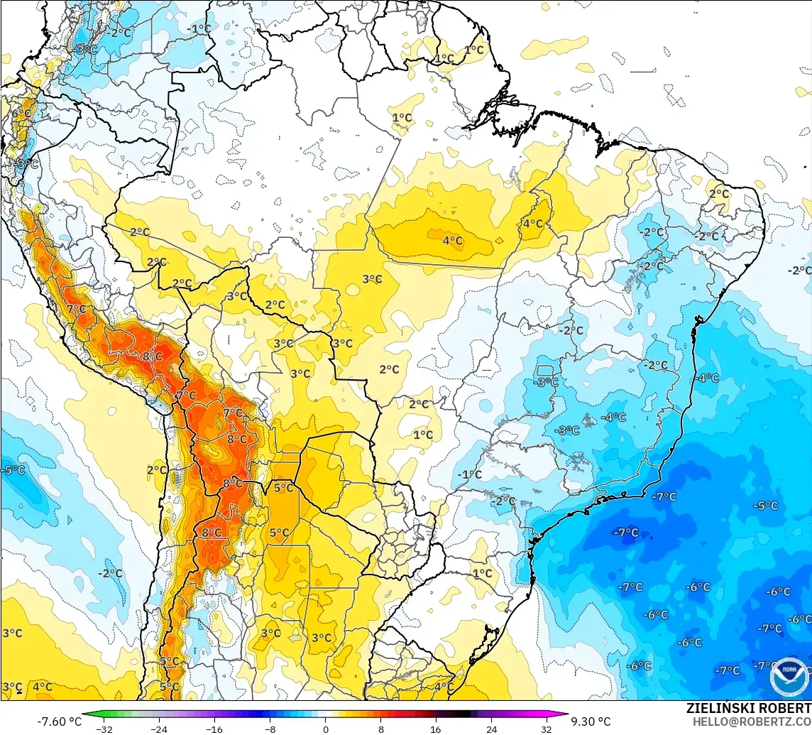 GFS modelo - Brasil, Anomalía de temperatura a 850 hPa