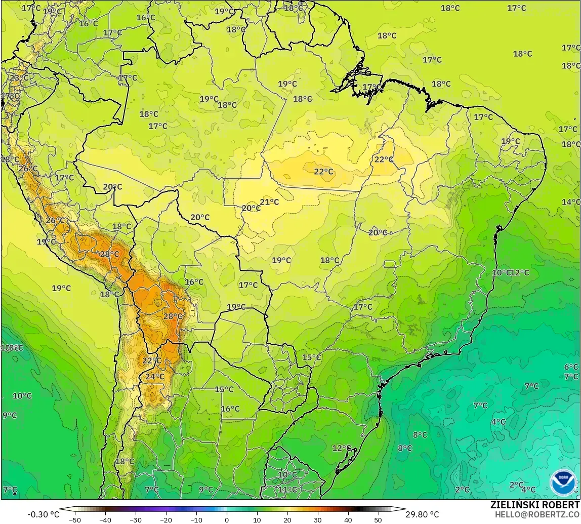 GFS modelo - Brasil, Temperatura a 850 hPa