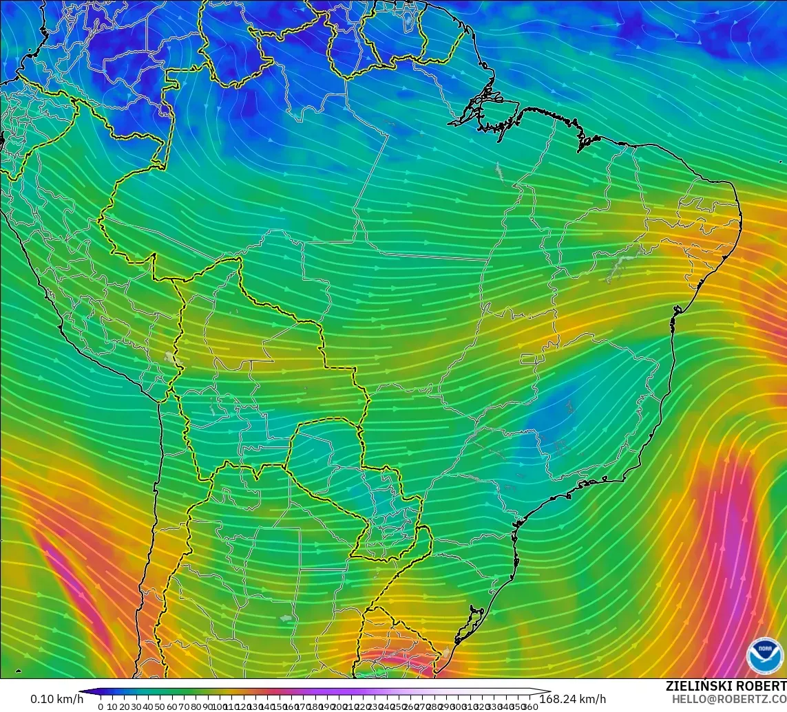 GFS modelo - Brasil, Viento a 300 hPa (corriente en chorro)