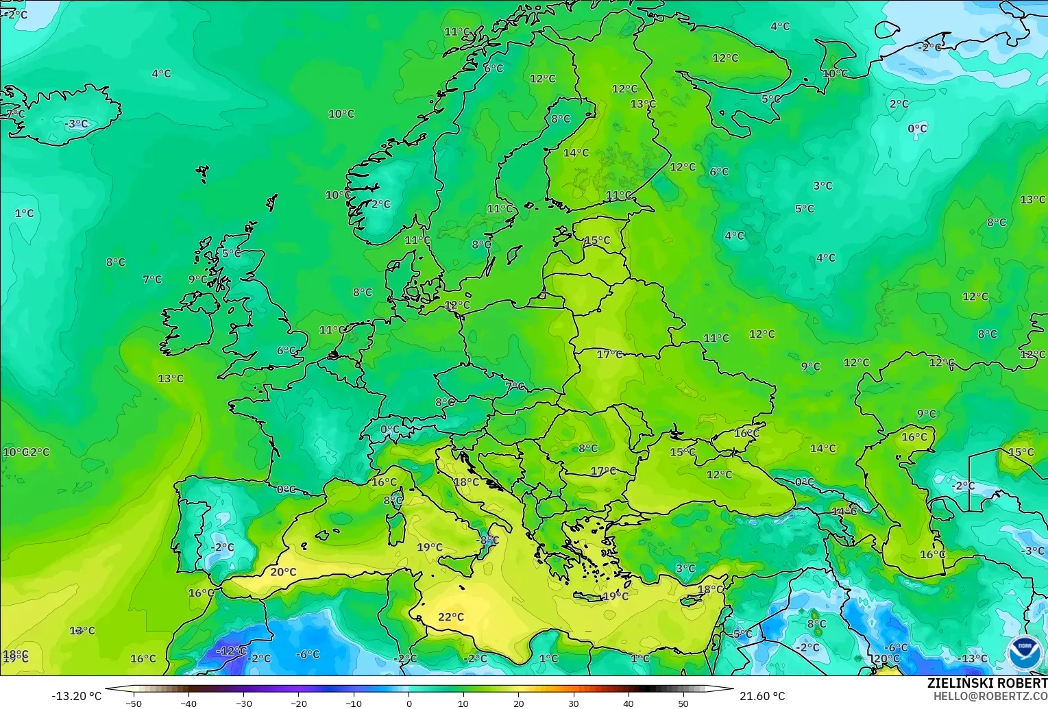 GFS modelo - Europa, Punto de rocío a 2 m