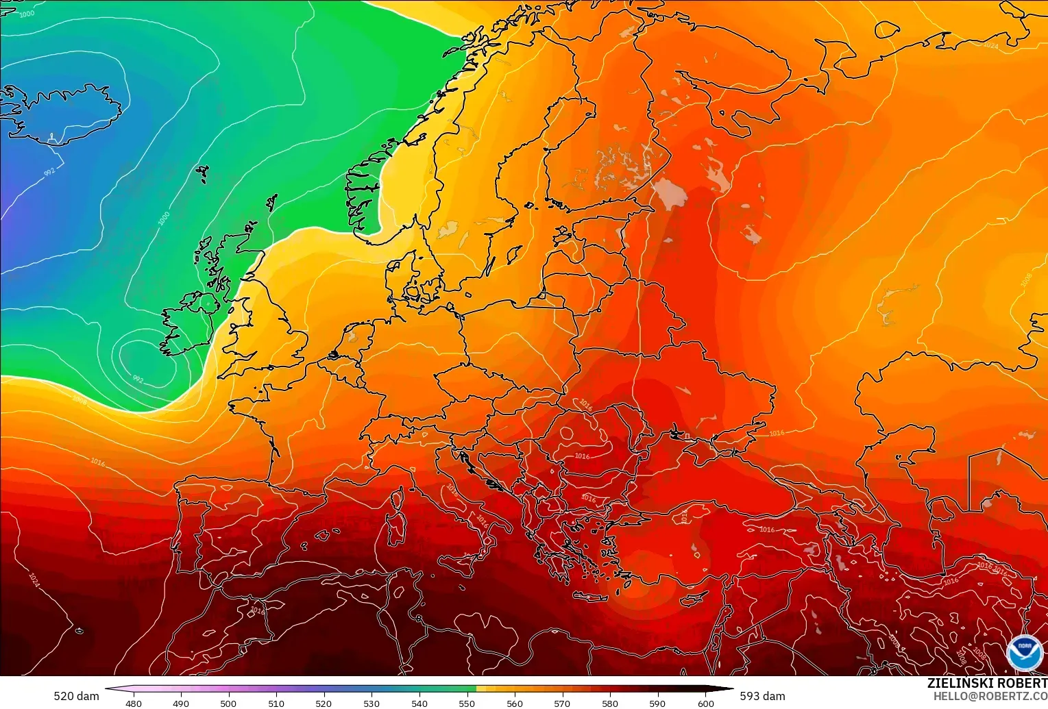 GFS modelo - Europa, Altura geopotencial a 500 hPa