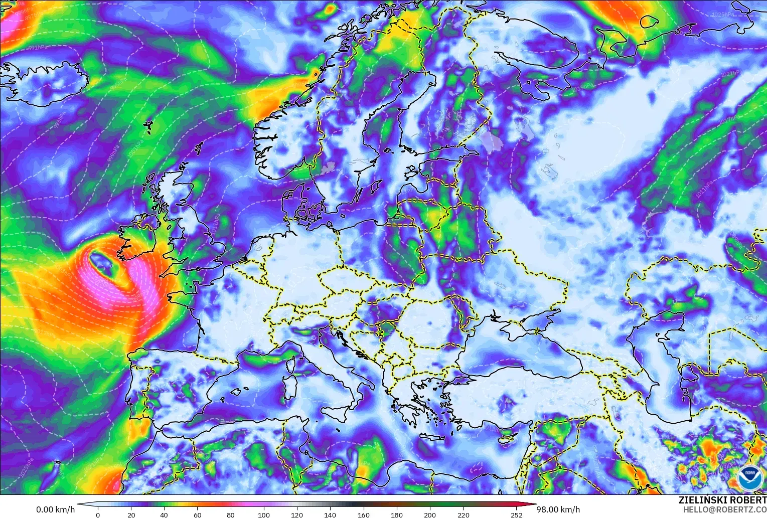 GFS modelo - Europa, Ráfagas de viento