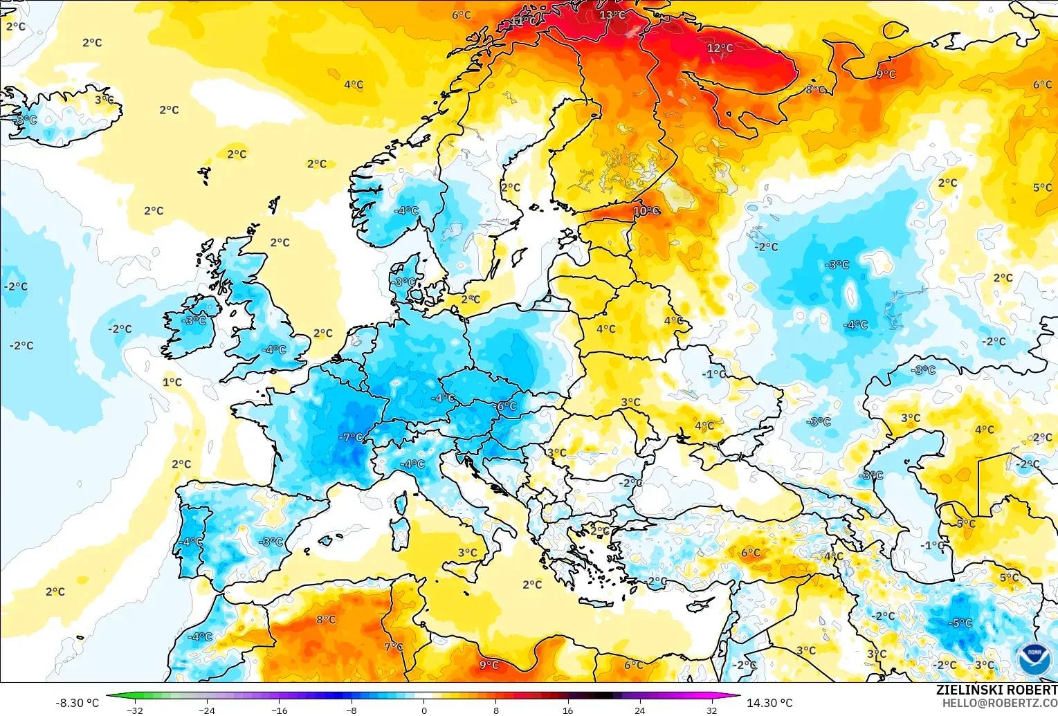 GFS modelo - Europa, Anomalía de temperatura a 2 m