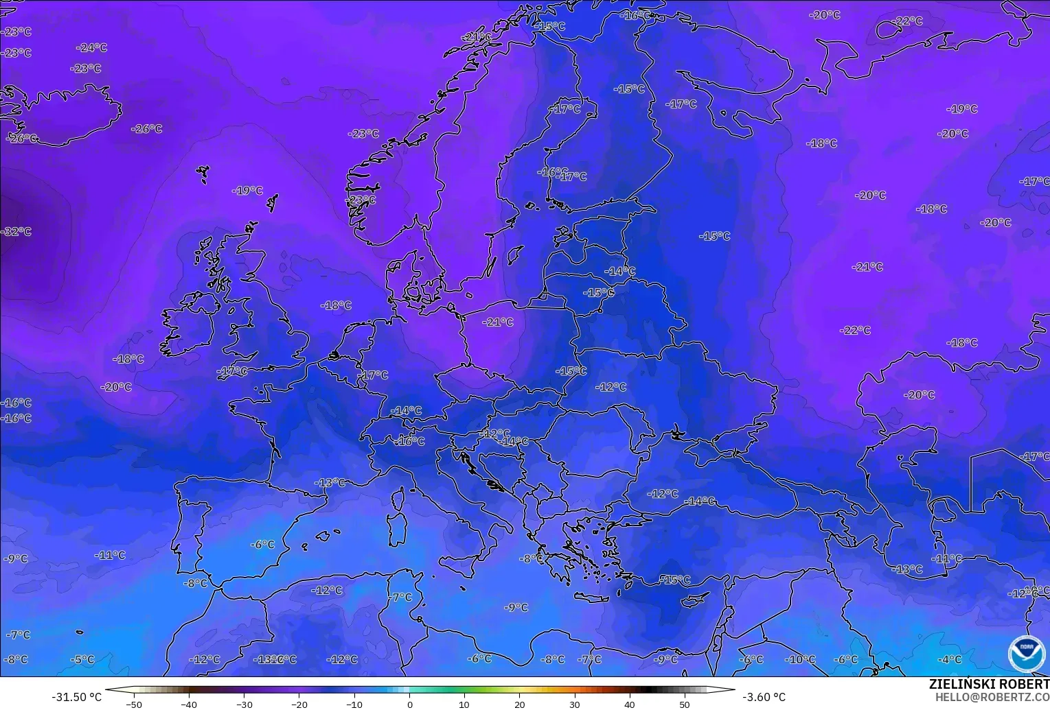 GFS modelo - Europa, Temperatura a 500 hPa