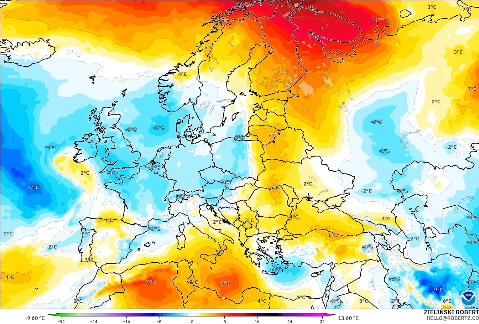 GFS modelo - Europa, Anomalía de temperatura a 850 hPa