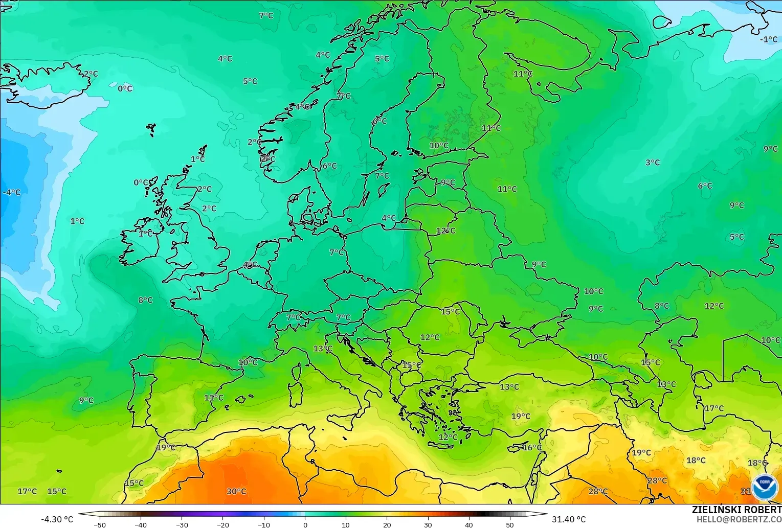 GFS modelo - Europa, Temperatura a 850 hPa