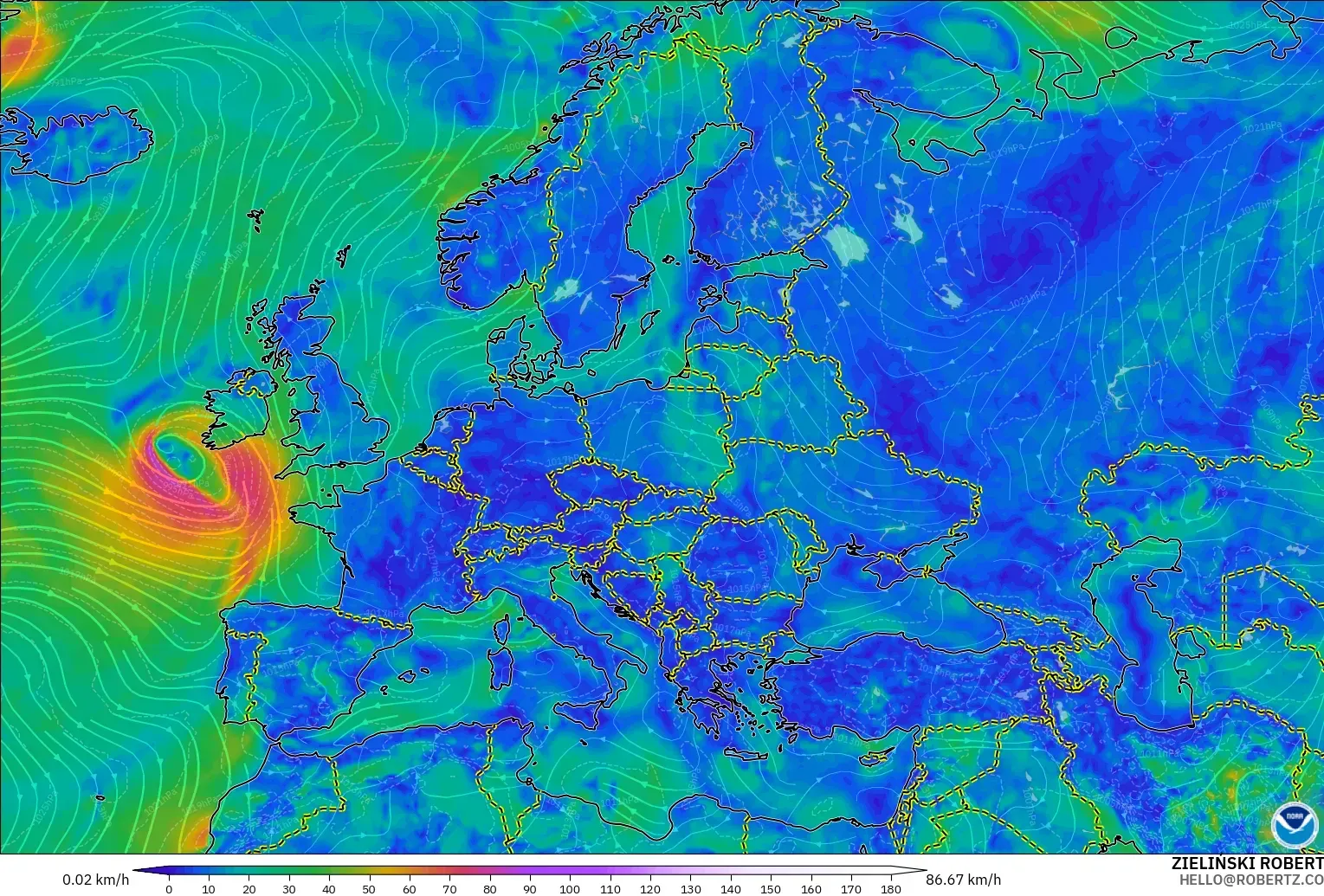 GFS modelo - Europa, Viento a 10 m