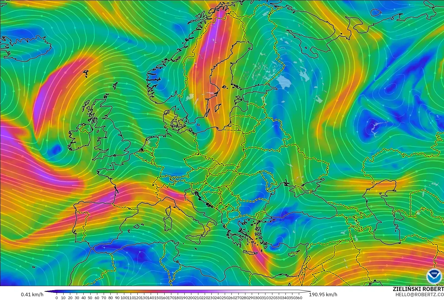 GFS modelo - Europa, Viento a 300 hPa (corriente en chorro)